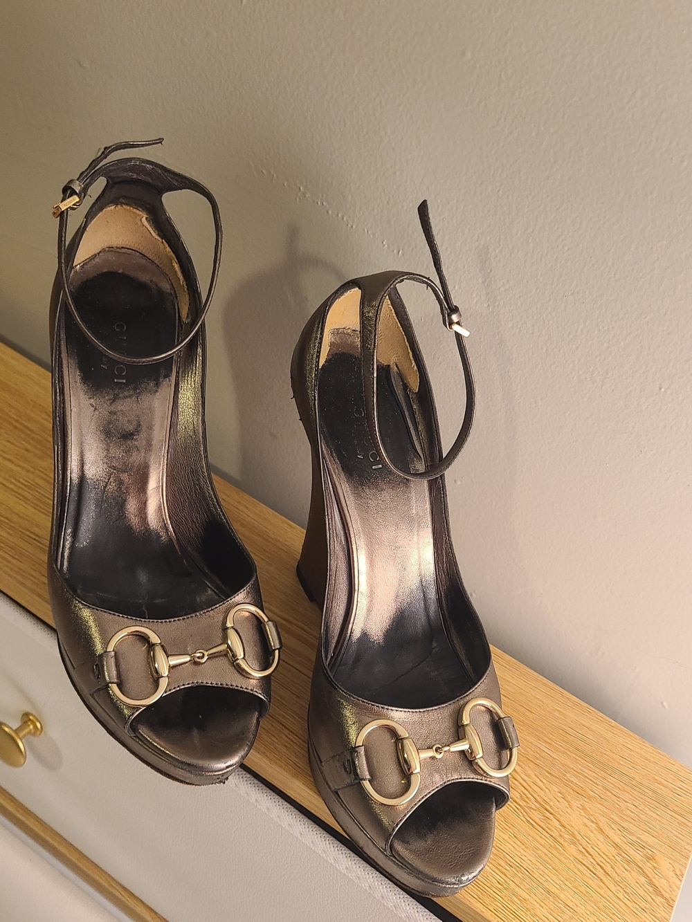 Gucci Metallic Brown Peep-Toe Ankle-Strap Heels with Gold Hardware